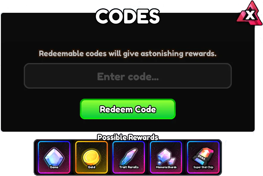 Anime Vanguards profile and code redemption menu